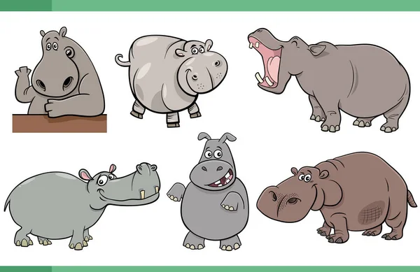 Dibujos Animados Ilustración Feliz Hipopótamo Personajes Animales Cómicos Conjunto — Vector de stock