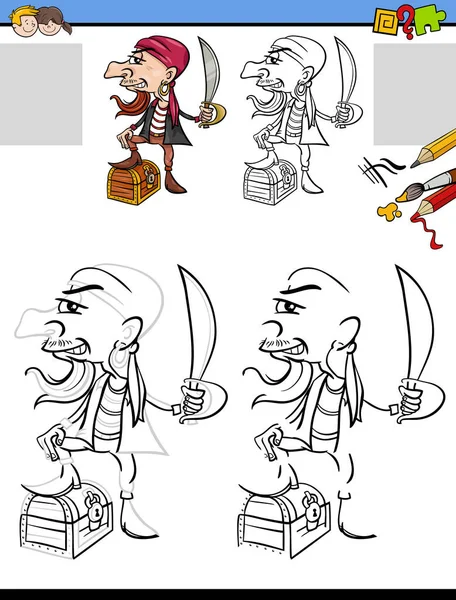 Kreskówka Ilustracja Rysunku Kolorowanki Działalności Edukacyjnej Dla Dzieci Piratem Charakter — Wektor stockowy