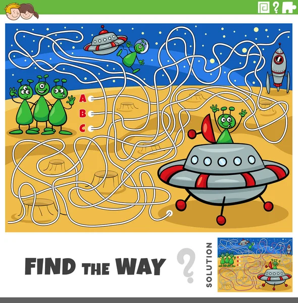 Cartoon Illustration Find Way Maze Puzzle Game Funny Alien Characters — Stock Vector