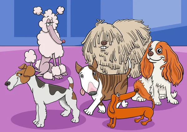 面白い純血犬や子犬の漫画イラスト漫画動物キャラクターグループ — ストックベクタ