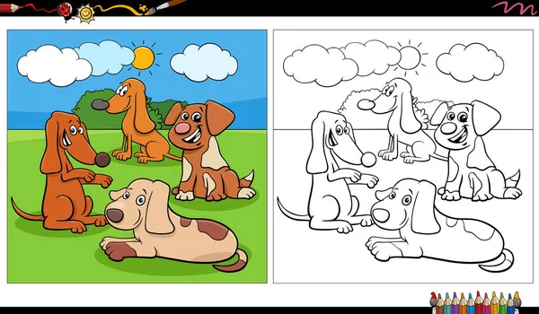 Карикатурная Иллюстрация Забавных Собачьих Комиксов Группы Наружной Раскраски Страницы — стоковый вектор