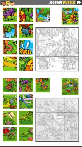 Cartoon Illustration Educational Jigsaw Puzzle Games Set Funny Insects Animal — Vetor de Stock