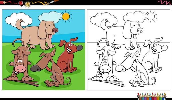 Мультяшна Ілюстрація Групи Смішних Собак Коміксів Сторінці Розмальовки Лузі — стоковий вектор