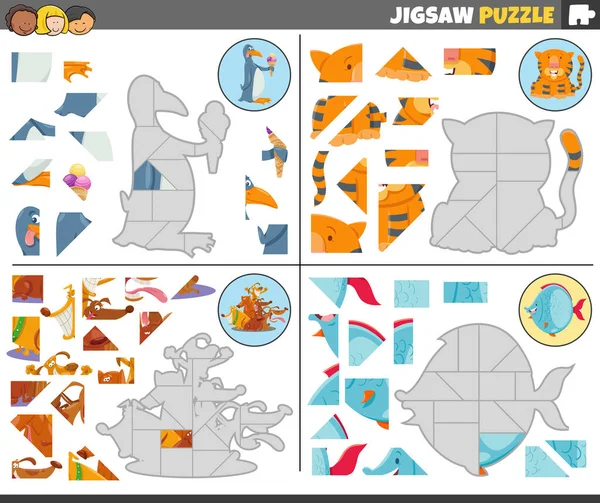 Cartoon Illustration Educational Jigsaw Puzzle Games Set Funny Animal Characters — Archivo Imágenes Vectoriales