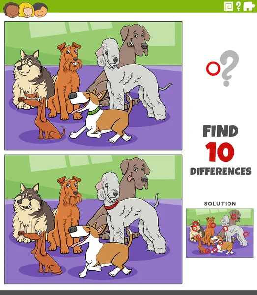 stock vector Cartoon illustration of finding the differences between pictures educational task with purebred dogs animal characters