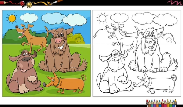 Cartoon Illustration Funny Dogs Comic Characters Group Park Coloring Page — Stock Vector
