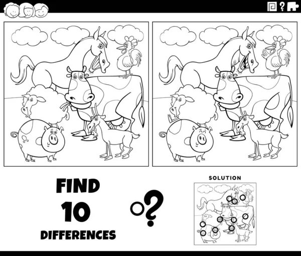 黑人和白人漫画图解揭示了图画教育游戏与家畜群着色页面的区别 — 图库矢量图片