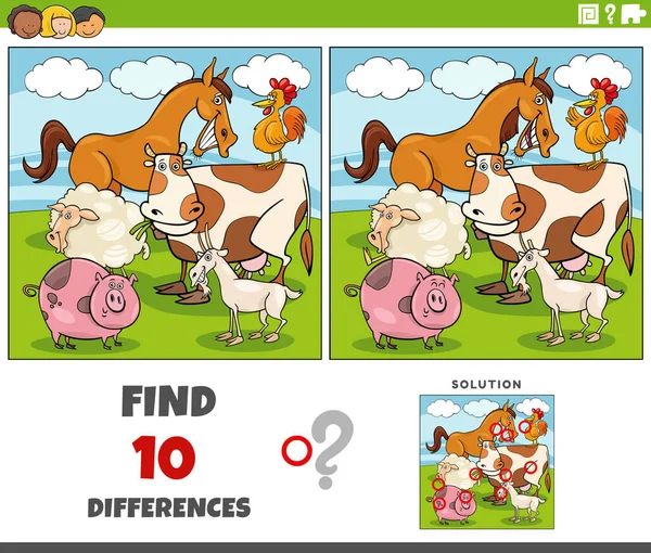 Cartoon Illustration Finding Differences Pictures Educational Game Farm Animal Characters — Stock Vector