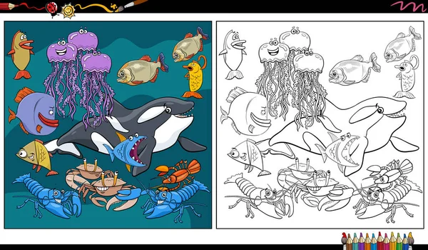 Cartoon Illustratie Van Het Zeeleven Dierlijke Karakters Groep Kleuren Pagina — Stockvector