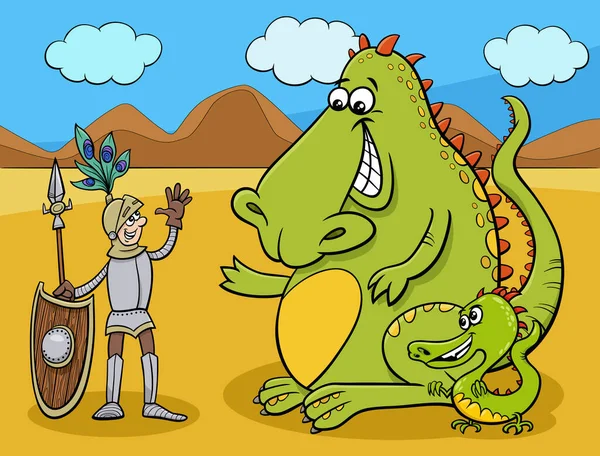 Dibujos Animados Fantasía Humorística Ilustración Dragones Caballero Tener Una Charla — Vector de stock