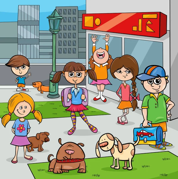城市公园儿童与狗人物组的卡通插图 — 图库矢量图片