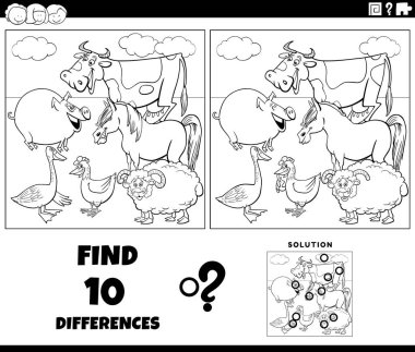 Çiftlik hayvanı karakterleri grup boyama sayfası ile resimlerin eğitici görevi arasındaki farklılıkları gösteren siyah beyaz çizgi film çizimi