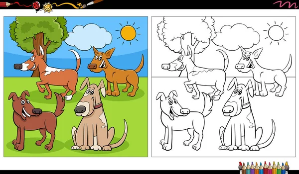 面白い犬漫画のイラスト漫画のキャラクターグループ屋外着色ページ — ストックベクタ