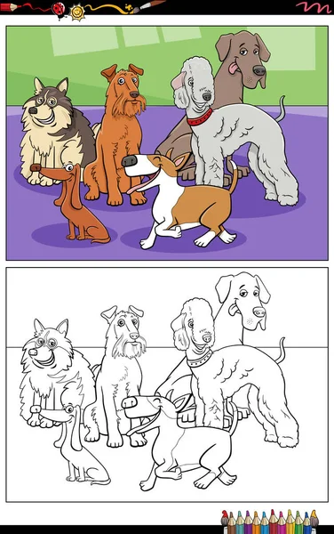 Tecknad Illustrationer Roliga Renrasiga Hundar Djur Tecken Grupp Färg Sida — Stock vektor