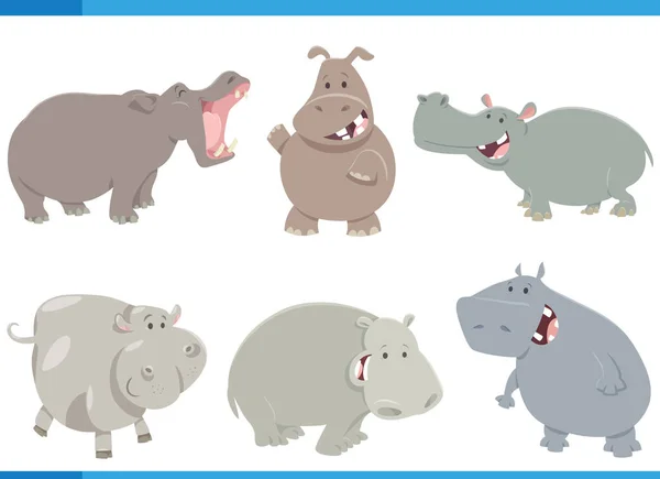 Γελοιογραφία Απεικόνιση Των Αστείων Ιπποπόταμων Άγρια Ζώα Κόμικς Σύνολο Χαρακτήρων — Διανυσματικό Αρχείο