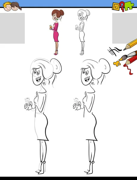 Cartoon Illustration Drawing Coloring Educational Activity Woman Character Smart Phone — Stock Vector