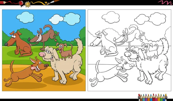 遊び心のある犬の漫画イラスト公園のぬり絵ページの漫画のキャラクターグループ — ストックベクタ