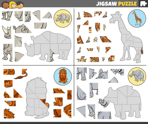 Cartoon Illustration Educational Jigsaw Puzzle Games Set Funny Wild Animal — Vector de stock