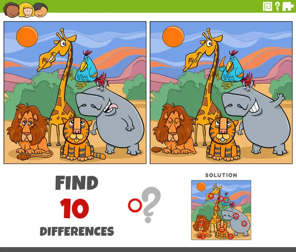 Kreskówka Ilustracja Znalezienia Różnic Między Zdjęciami Gra Edukacyjna Safari Zwierząt — Wektor stockowy