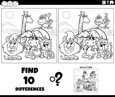 Safari hayvan karakterleri grup boyama sayfası ile resim eğitimsel görev arasındaki farklılıkları gösteren siyah beyaz çizgi film çizimi