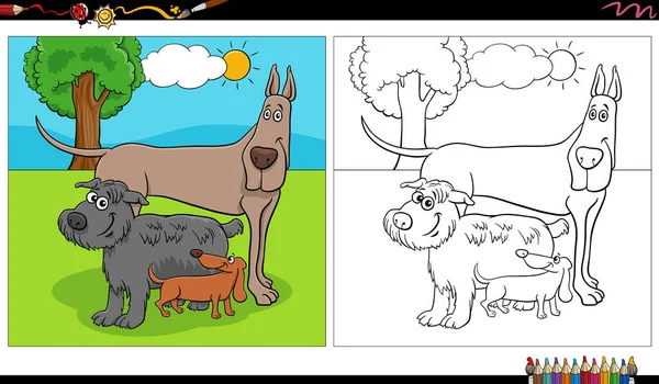 Tecknad Illustration Roliga Hundar Seriefigurer Grupp Parken Färg Sida — Stock vektor