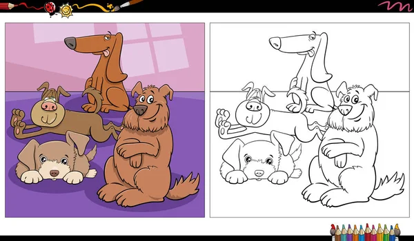 面白い犬漫画のイラスト漫画のキャラクターグループ屋内着色ページ — ストックベクタ