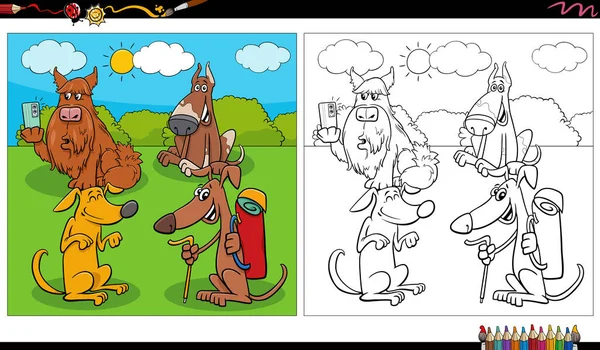 Cartoon Illustratie Van Grappige Honden Stripfiguren Groep Weide Kleurplaat — Stockvector