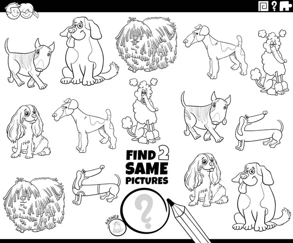 黒と白の漫画のイラストを見つけることの2つの同じ写真教育活動漫画の純血犬のキャラクターのぬり絵ページ — ストックベクタ
