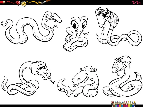 ヘビの動物キャラクターの黒と白の漫画ユーモラスなイラストが着色ページを設定 — ストックベクタ