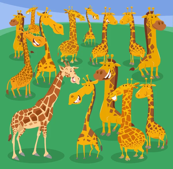Мультфильм Иллюстрация Смешных Жирафов Диких Животных Группы Персонажей — стоковый вектор