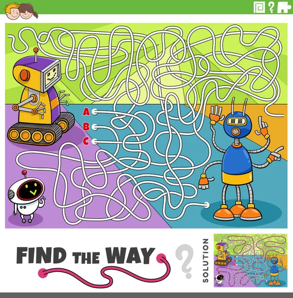 Cartoon Illustration Find Way Maze Puzzle Game Funny Robot Characters — Stock Vector