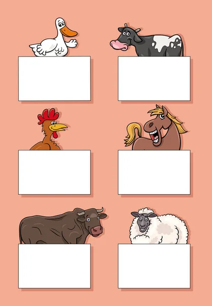 Boş Kart Pankart Dizayn Setiyle Komik Çiftlik Hayvanlarının Çizgi Film — Stok Vektör