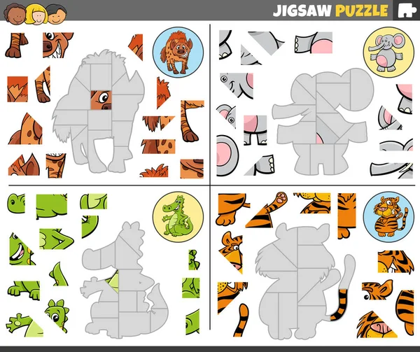 Cartoon Illustration Educational Jigsaw Puzzle Games Set Funny Animal Characters — Wektor stockowy