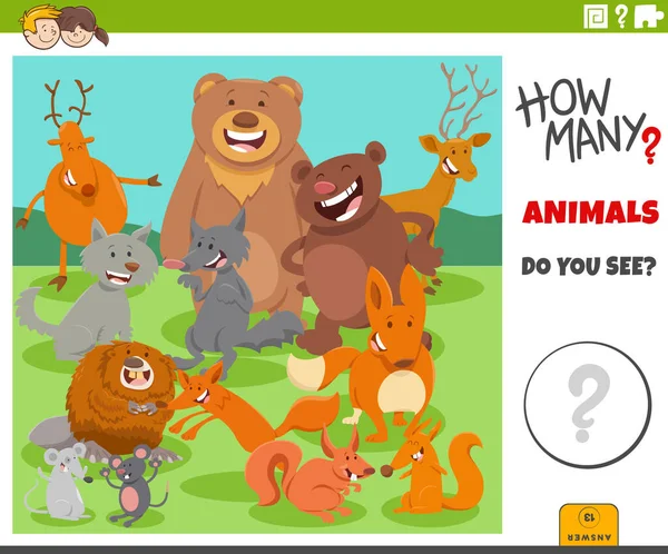 Ilustracja Edukacyjnej Gry Liczącej Dla Dzieci Cartoon Wild Animal Characters — Wektor stockowy