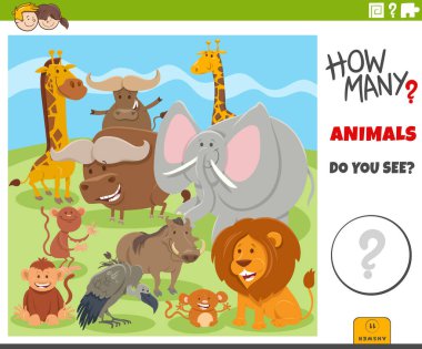 Çizgi film Vahşi Hayvan Karakterleri Grubu ile Çocuklar için Eğitimsel Sayma Oyunu