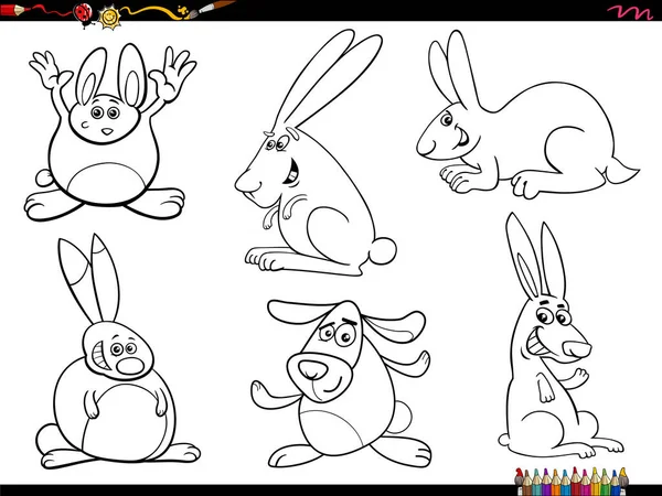 ウサギの黒と白の漫画イラスト動物のキャラクターセットぬり絵 — ストックベクタ
