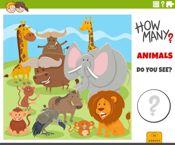 漫画野生動物キャラクターを持つ子供のための教育カウントゲームのイラストグループ — ストックベクタ