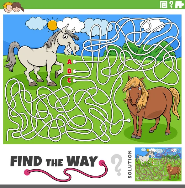 Cartoon Illustration Find Way Maze Puzzle Game Funny Horses Farm — Stock Vector