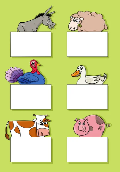 空のカードやバナーデザインセットと面白い農場動物の漫画のイラスト — ストックベクタ