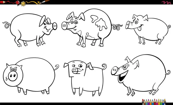 Schwarz Weiß Cartoon Illustration Von Schweinen Bauernhof Tier Zeichen Gesetzt — Stockvektor