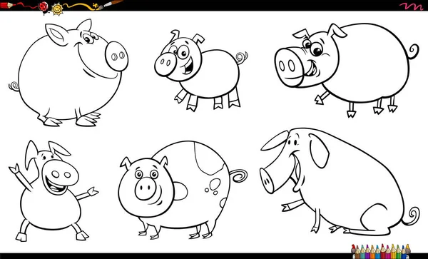 Illustrazione Bianco Nero Cartone Animato Simpatici Maiali Fattoria Animali Personaggi — Vettoriale Stock