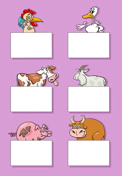空のカードやバナーデザインセットと面白い農場動物の漫画のイラスト — ストックベクタ