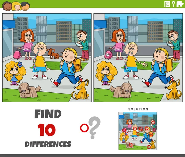 Kreskówka Ilustracja Znalezienia Różnic Między Zdjęciami Gra Edukacyjna Dziećmi Postaciami — Wektor stockowy