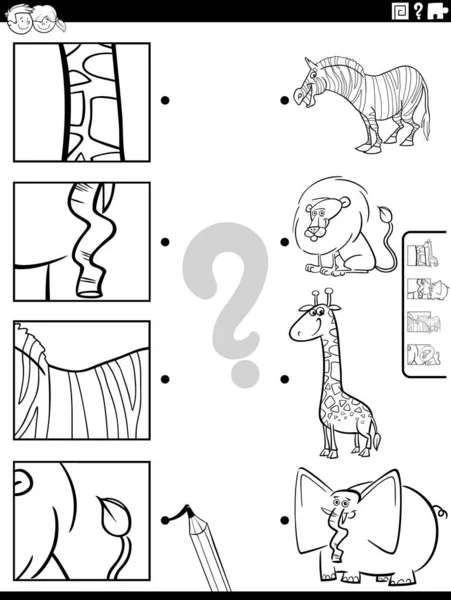 Černobílé Kreslené Ilustrace Vzdělávací Odpovídající Hra Zvířecími Postavami Výstřižky Zbarvení — Stockový vektor