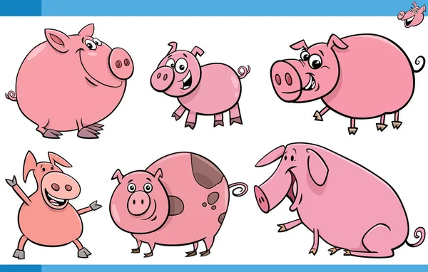 面白い豚の漫画イラストファーム動物漫画のキャラクターセット — ストックベクタ