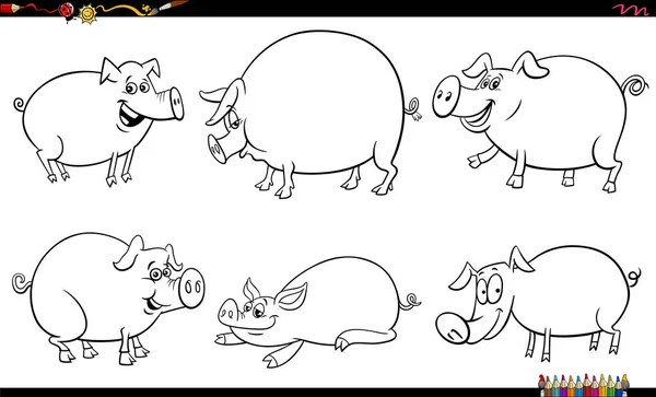 Dibujos Animados Blanco Negro Ilustración Cerdos Animales Granja Juego Personajes — Vector de stock