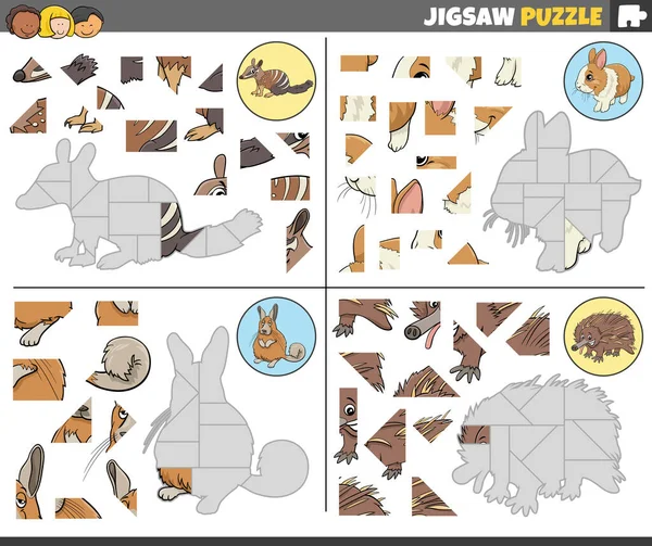 Cartoon Illustration Educational Jigsaw Puzzle Games Set Funny Animal Characters — Vetor de Stock