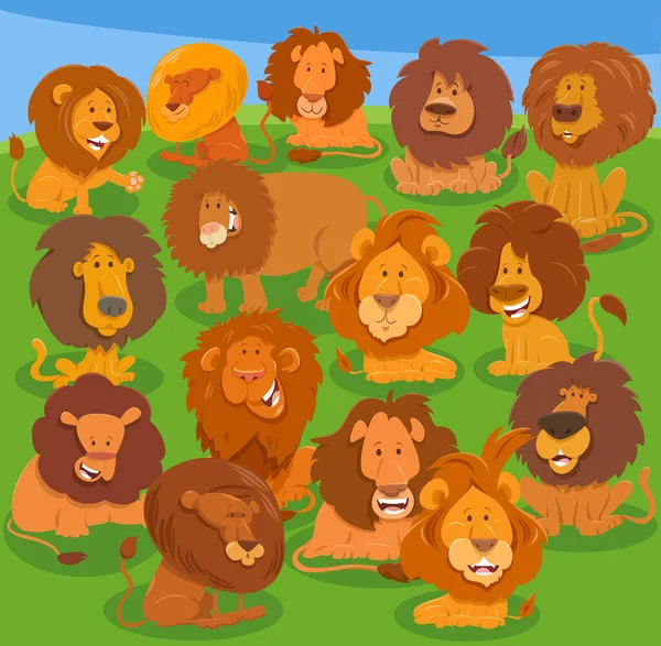 Cartoon Illustratie Van Grappige Leeuwen Wild Dier Karakters Groep — Stockvector