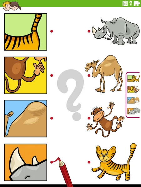 Cartoon Illustration Des Pädagogischen Matching Spiels Mit Tierfiguren Und Details — Stockvektor