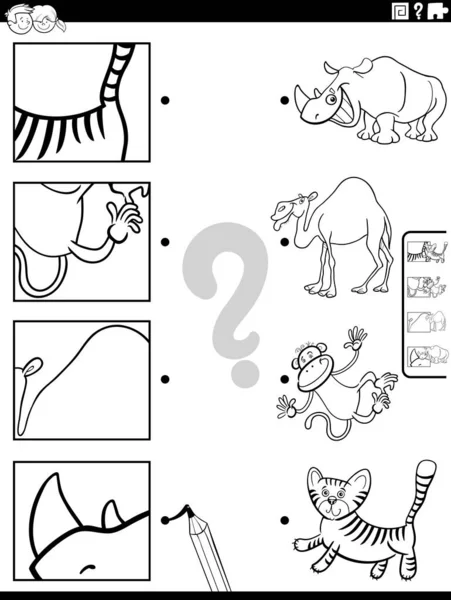 Černobílé Kreslené Ilustrace Vzdělávací Odpovídající Hra Zvířecími Znaky Detaily Zbarvení — Stockový vektor